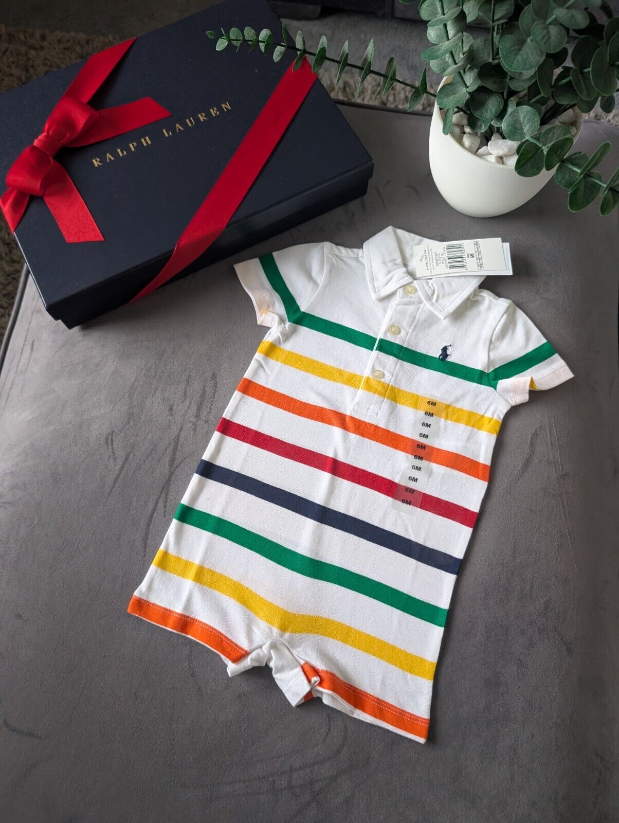 New Ralph Lauren Baby Boy Multi White Stripe Romper 6m Gift Cute Baby Summer