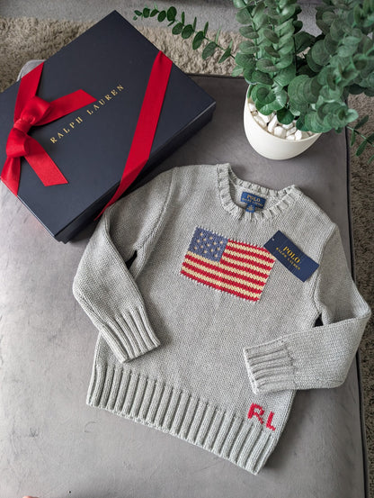 New Polo Ralph Lauren Grey Smart American flag jumper age UK 4-5yr USA Boys Gift