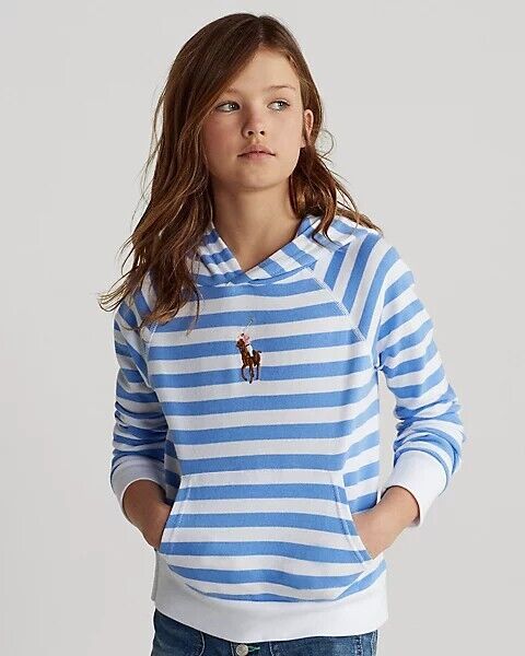 New Ralph Lauren Blue Stripe Big Pony White Hoodie Size Kids 7Yrs Gift Terry