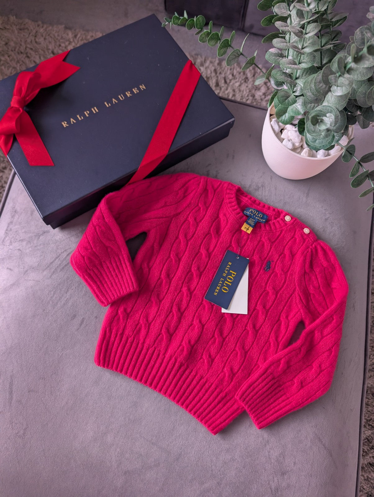 New Polo by Ralph Lauren Cable Knit Jumper Pink Girls 2 Yrs Cashmere Blend Gift