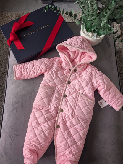 New ralph lauren Baby Pink quilted fleece lined pram suit snowsuit 0-3m Gift