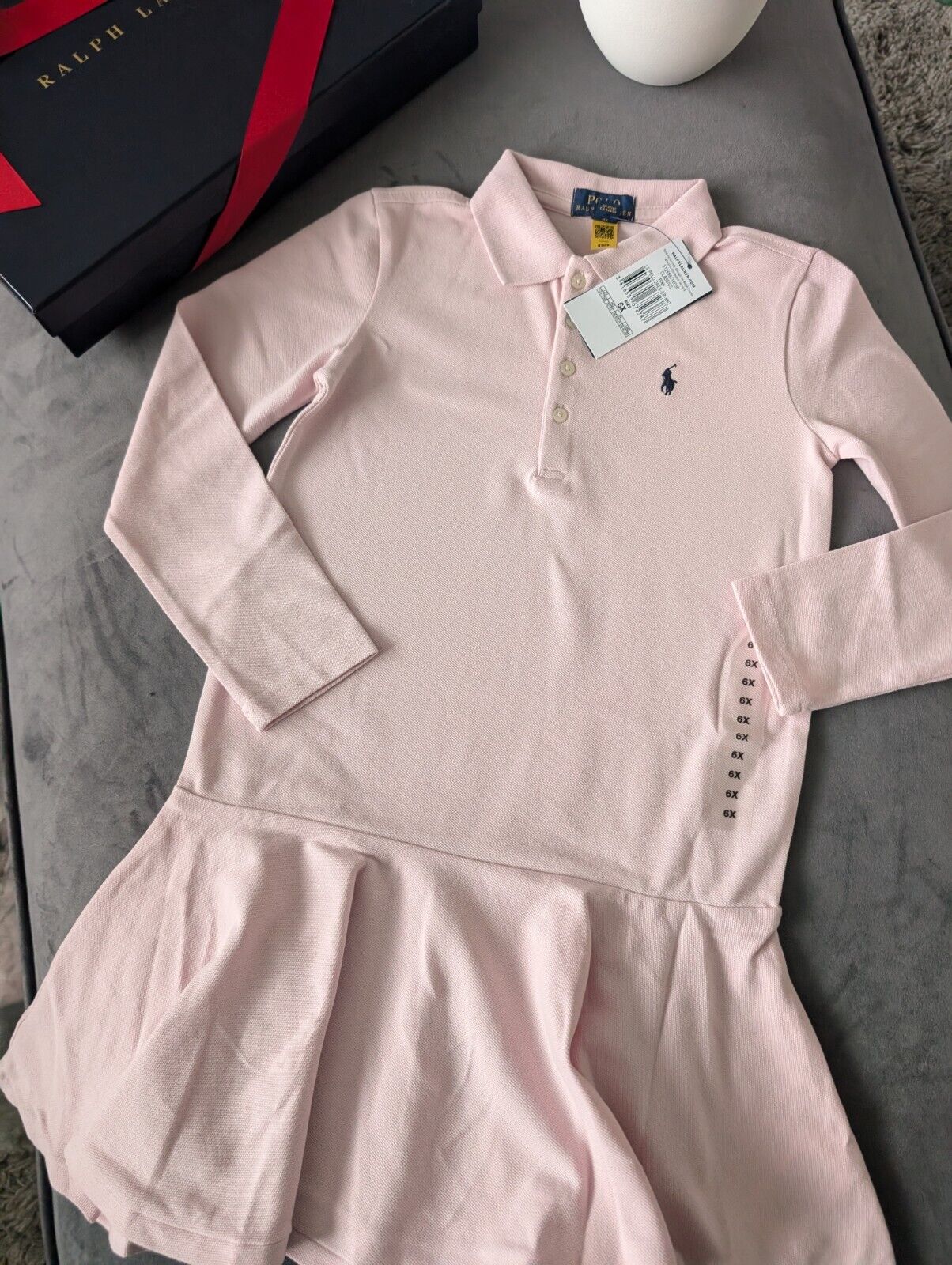 New Ralph Lauren girls soft pink polo dress long sleeve frill age 6-7 occasion gift