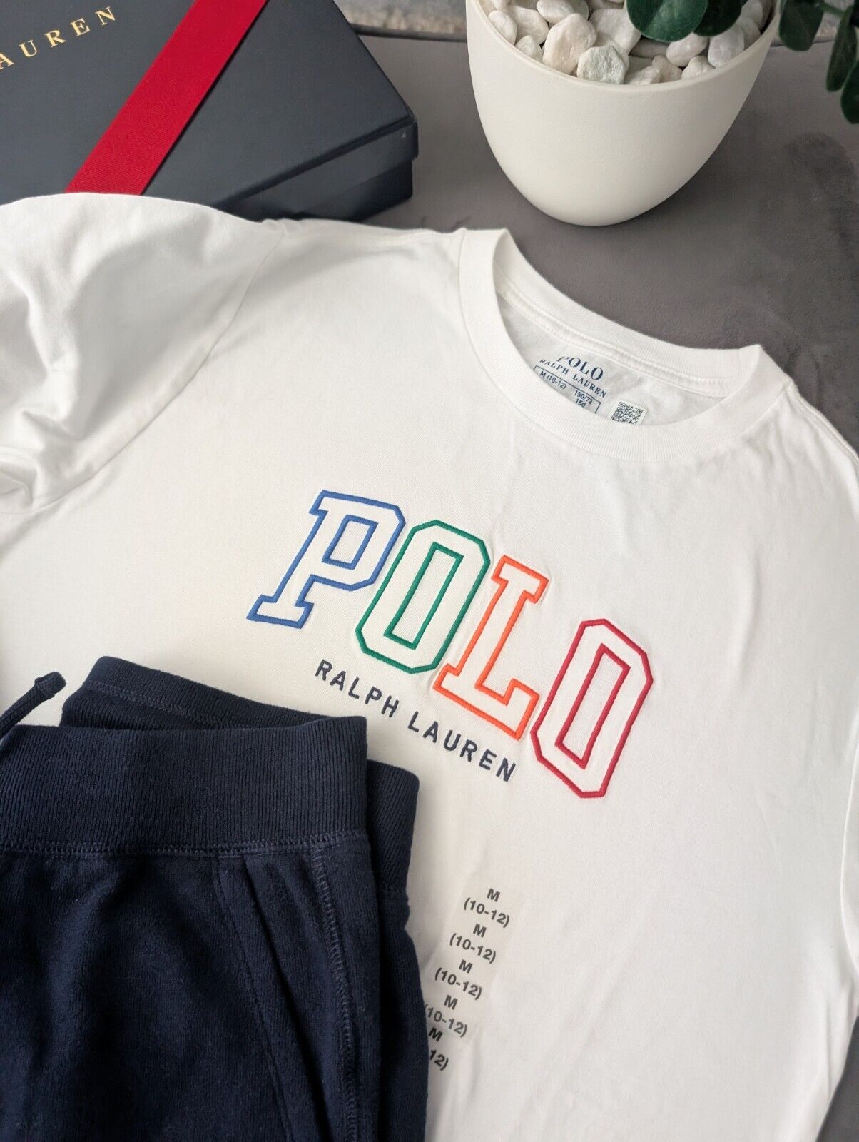 New Ralph Lauren Boys Kids Top + Jogger White Navy Embroided Logo Pony 10yr Gift