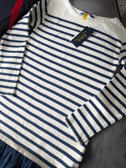 New Ralph Lauren Girls Navy Stripe Dress Jumper Dress Frill Age L 12-14y Gift