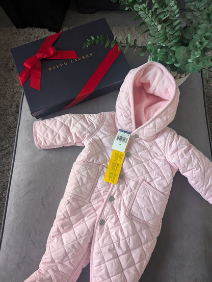 New ralph lauren Baby Pink quilted fleece lined pram suit snowsuit 0-3m Gift