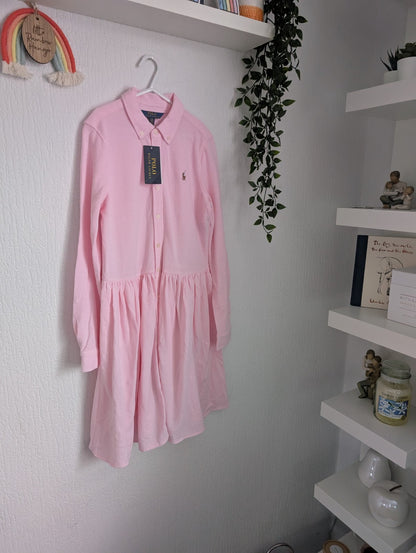 New Ralph Lauren Pink Embroided Logo Smart Formal Cotton Oxford Shirtdress 12yrs