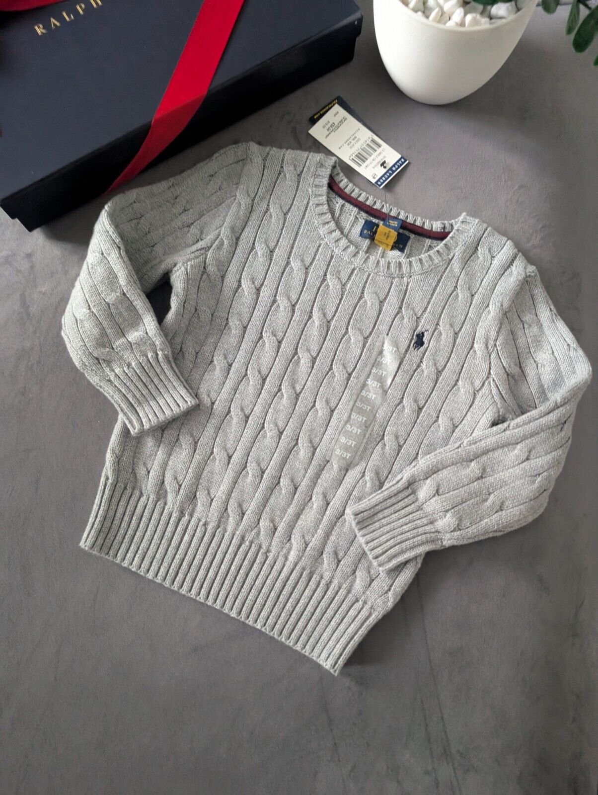 New Boys Ralph Lauren Grey Cable knit long sleeve jumper Cashmere Blend 5yr Gift