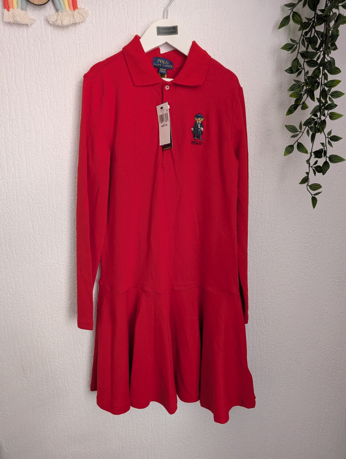 New Ralph Lauren Girls Red Polo Dress Teddy Bear Design Long Sleeve M 8-10y Gift