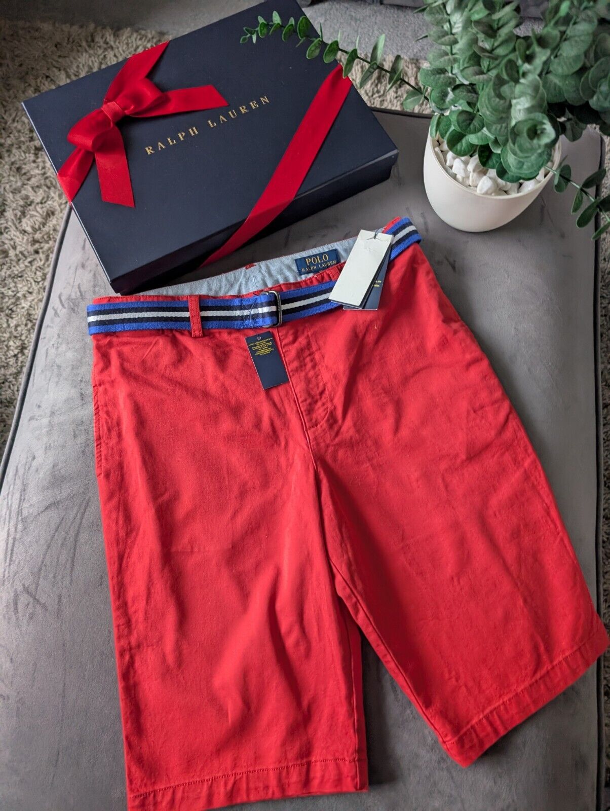 New Ralph Lauren Boys Red Chino Shorts + Belt Smart Gift Age 13 Casual Summer