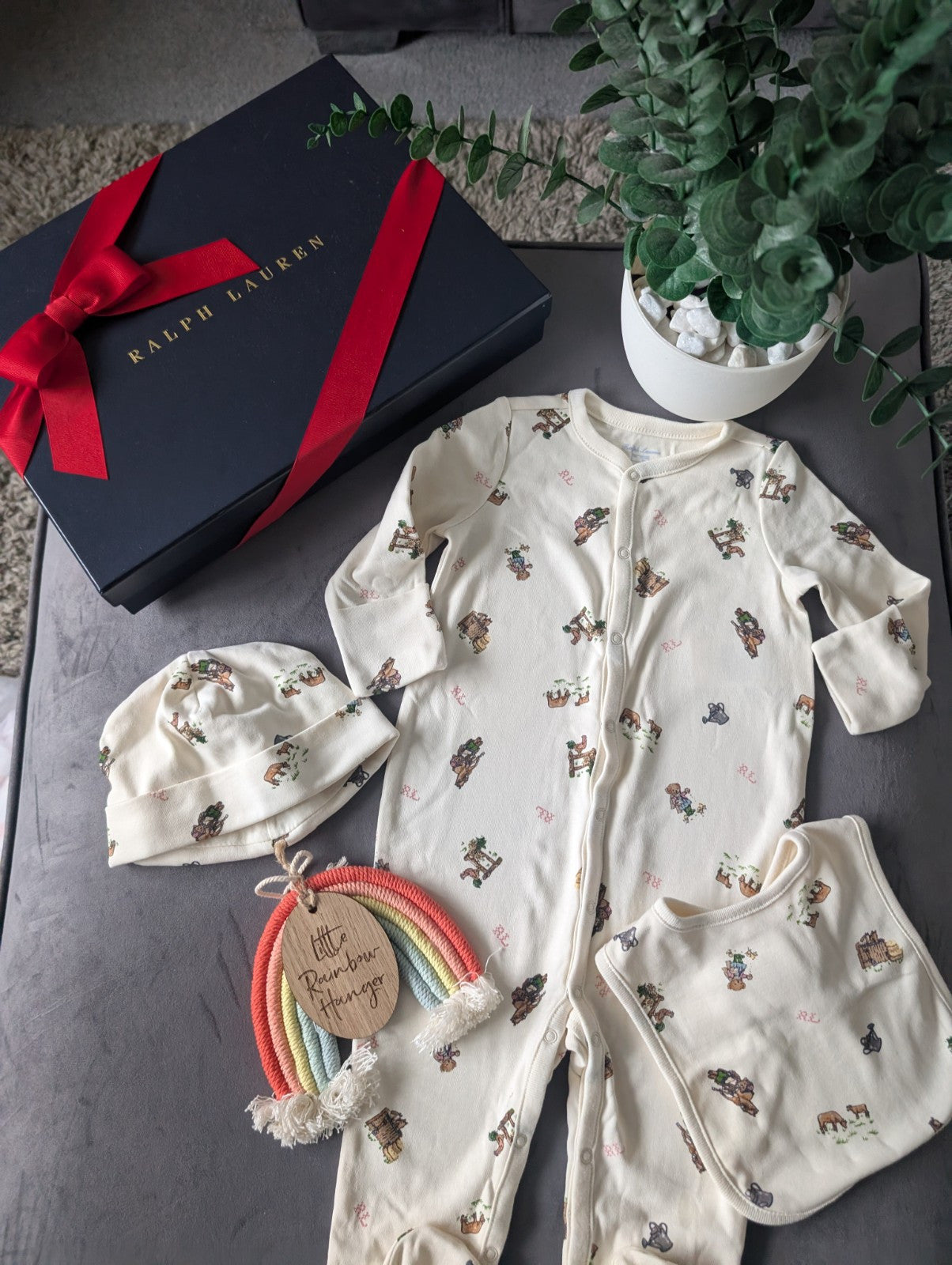 New Ralph Lauren Girls Pink Baby 3 Piece Gift Set Farmhouse 6-9m Ivory RRP£115