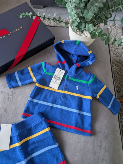 New Ralph Lauren Baby Boy Blue Short And Hoodie Set Gift Stripe Multi 0-3m Cute