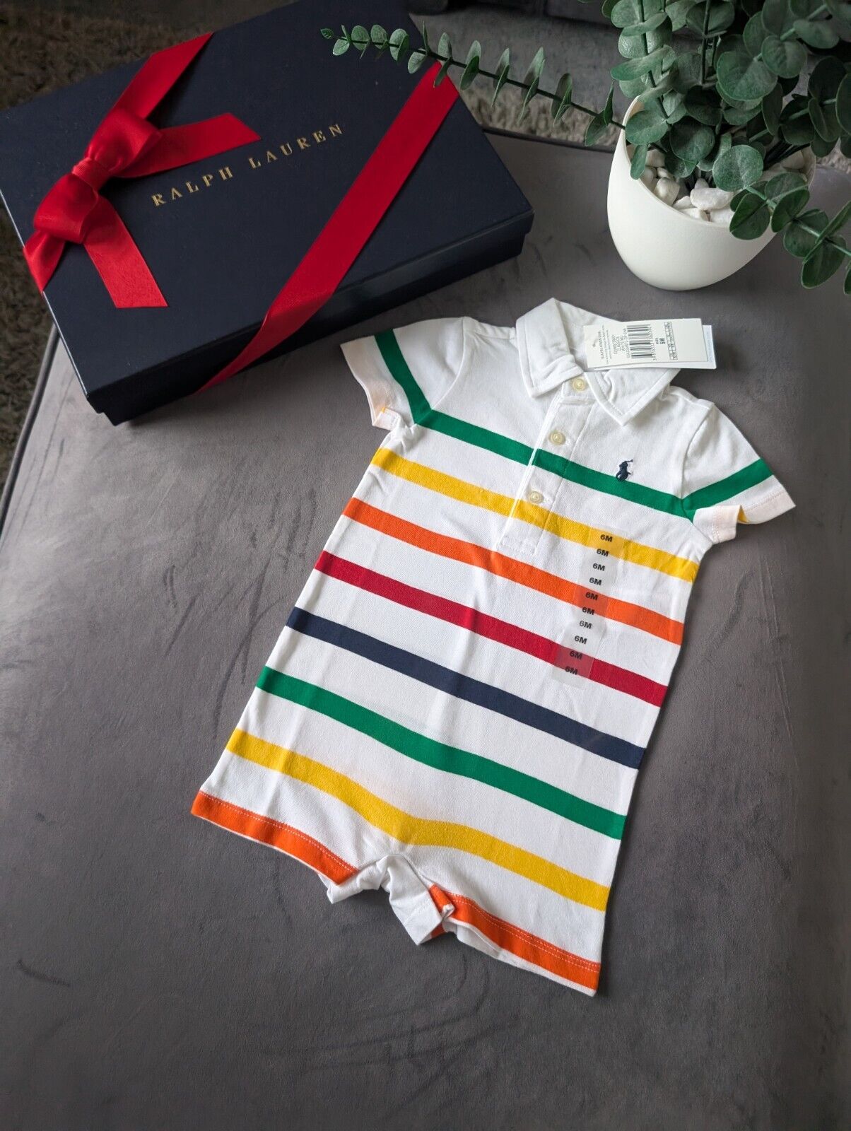 New Ralph Lauren Baby Boy Multi White Stripe Romper 6m Gift Cute Baby Summer