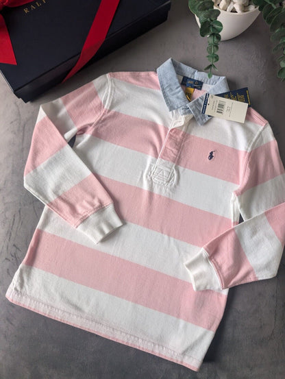 New Ralph Lauren Boys Iconic Pink White Stripe Long Sl Polo Shirt Smart Gift 6y