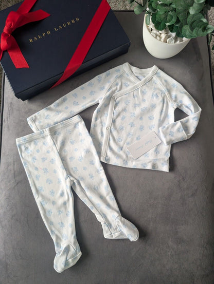 New Ralph Lauren Baby Boy 2 Piece Pyjamas Set 3-6m Blue White Gift  Top +Bottoms