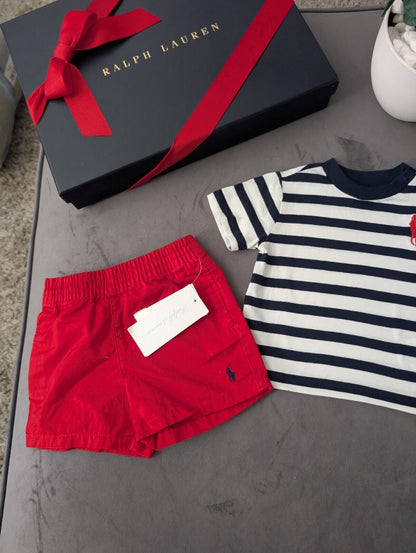 New adorable Ralph Lauren boys Stripe t Shirt + Red short set 3m gift Pony Logo