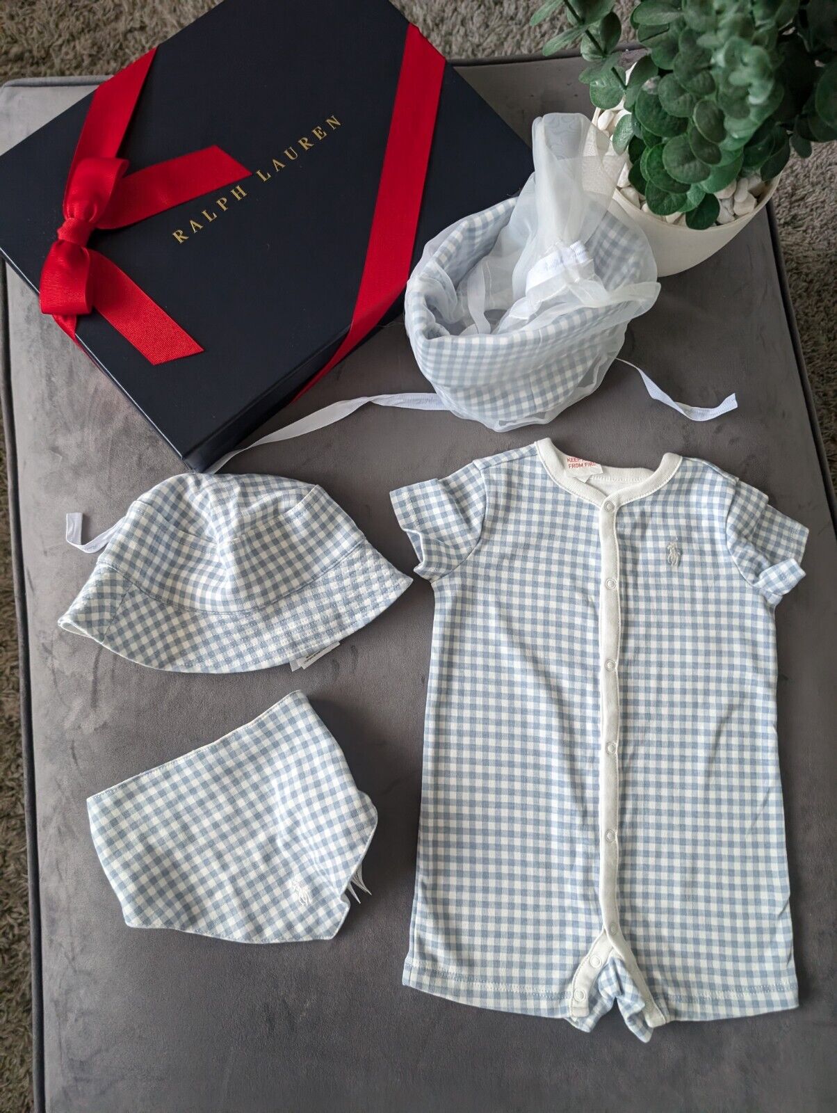 New Ralph Lauren Baby Boy Gift Set Basket Gingham Romper Hat + Bib 1-3m Newborn