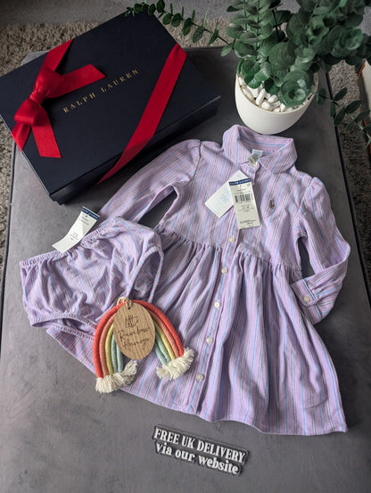 New Ralph Lauren Baby Girl Oxford Mesh Dress & Bloomer Lilac White 12-18m Gift