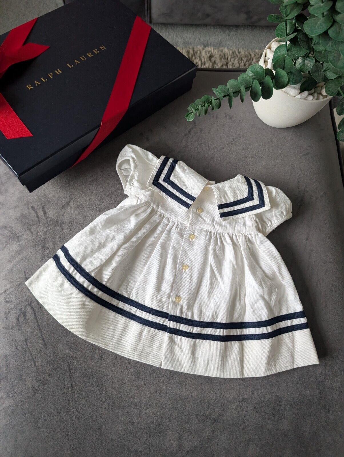 New stunning Ralph Lauren baby girls sally sailor dress white navy bow 0-3m