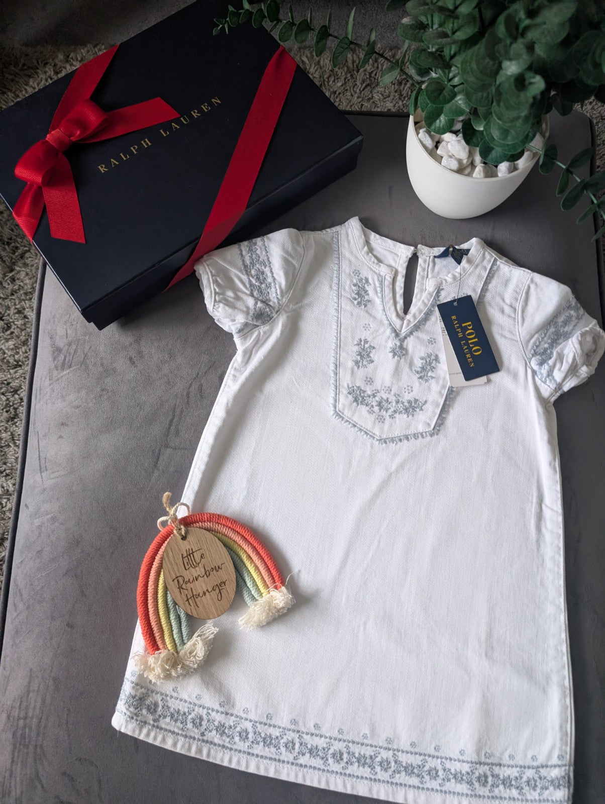 New Ralph Lauren Baby Girls Denim Kaftan Dress White Embroidery Occasion 3-4y