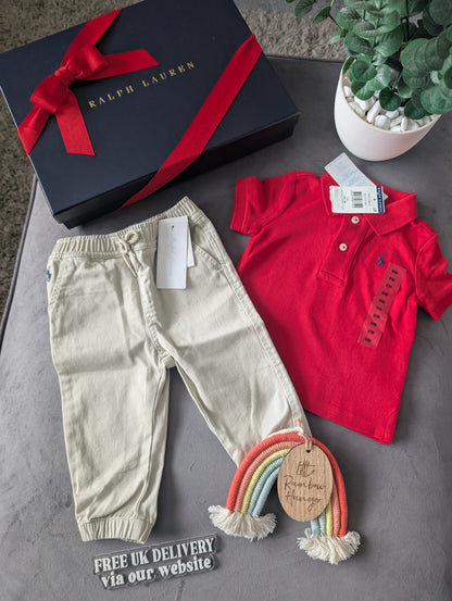 New adorable Ralph Lauren boys Polo Shirt Red  + Chino Trousers Age 6-9m Gift