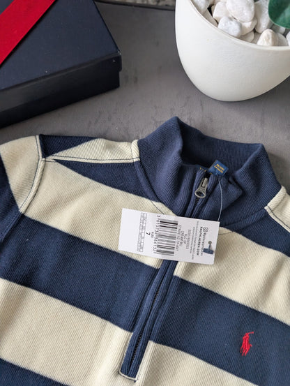 New Ralph Lauren boys Navy 1/4 zip knit jacket Navy Cream Stripe Smart Boys 6-7y