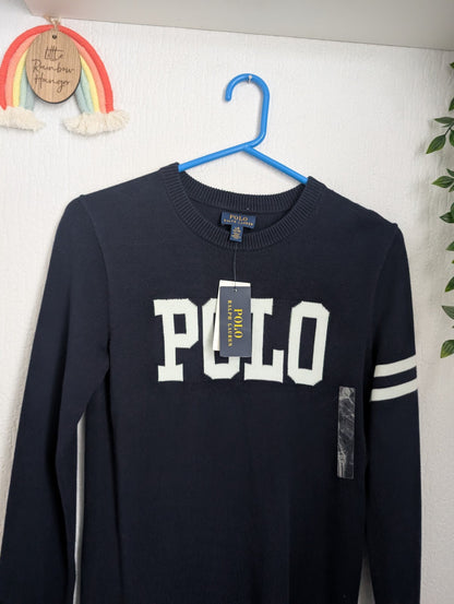 New Ralph Lauren Girls Polo Logo Knit Sweater Dress Dark Navy Size L 12-14Y