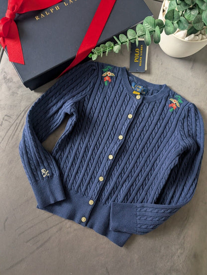 New Ralph Lauren Girls Knitted Cardigan 6 Years Gift Navy Floral Embroidery Cute