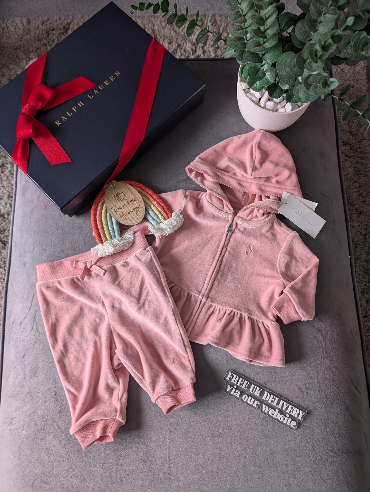 New Gorgeous Ralph Lauren Pink Scalloped Baby Girl Tracksuit 0-3m Gift Velvet