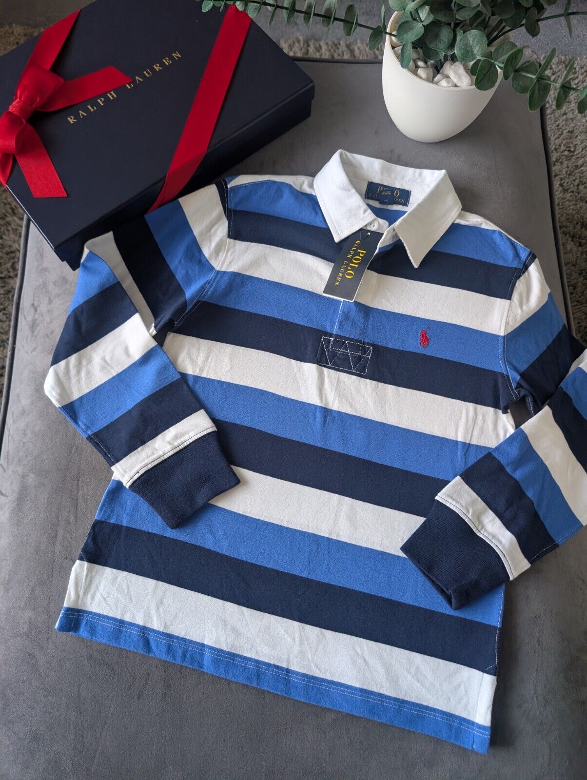 New Ralph Lauren Boys Rugby Style Stripe Long Sleeve Polo Blue White  8y Boys