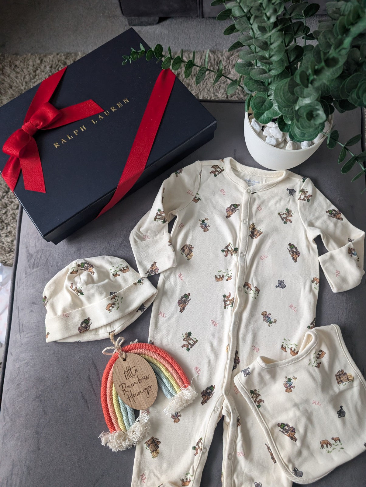 New Ralph Lauren Girls Pink Baby 3 Piece Gift Set Farmhouse 6-9m Ivory RRP£115