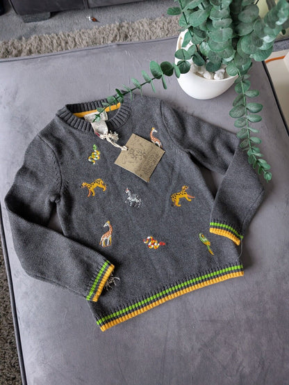 New Stunning Rorie Whelan Navy Boys Knit Jumper Lion Tiger Animal 3-4y Zoo Kids