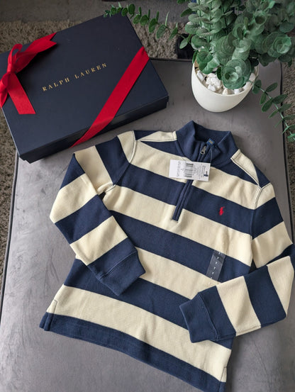 New Ralph Lauren boys Navy 1/4 zip knit jacket Navy Cream Stripe Smart Boys 6-7y