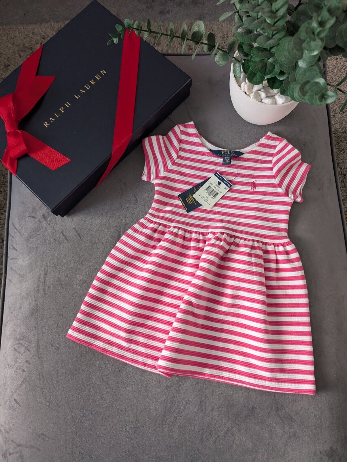 New Stunning Girls Ralph Lauren Pink Ribbed Stripe Dress Occasion Age 2 Gift