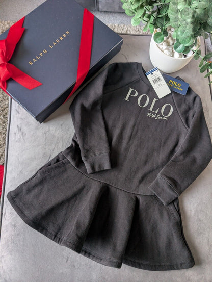 New Ralph Lauren Girls Black Polo Logo Fleece Sweater Dress Age 4 £95 Gift Smart