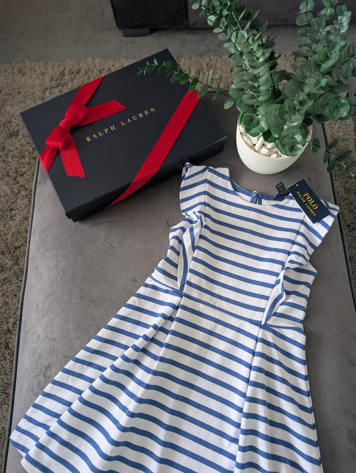 New Ralph Lauren Girls White Navy Stripe Polo Frill Stripe Ribbed Dress 6-7yr