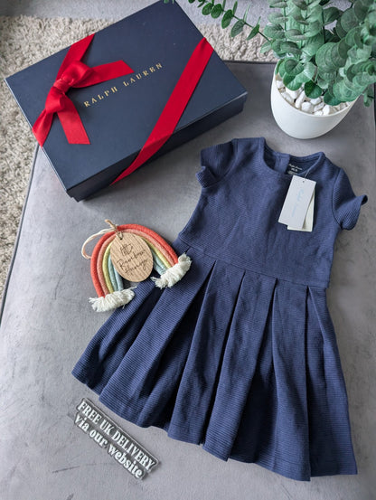 new polo Ralph Lauren French Navy Pleated  dress Girls Age 18m ribbed smart Cute