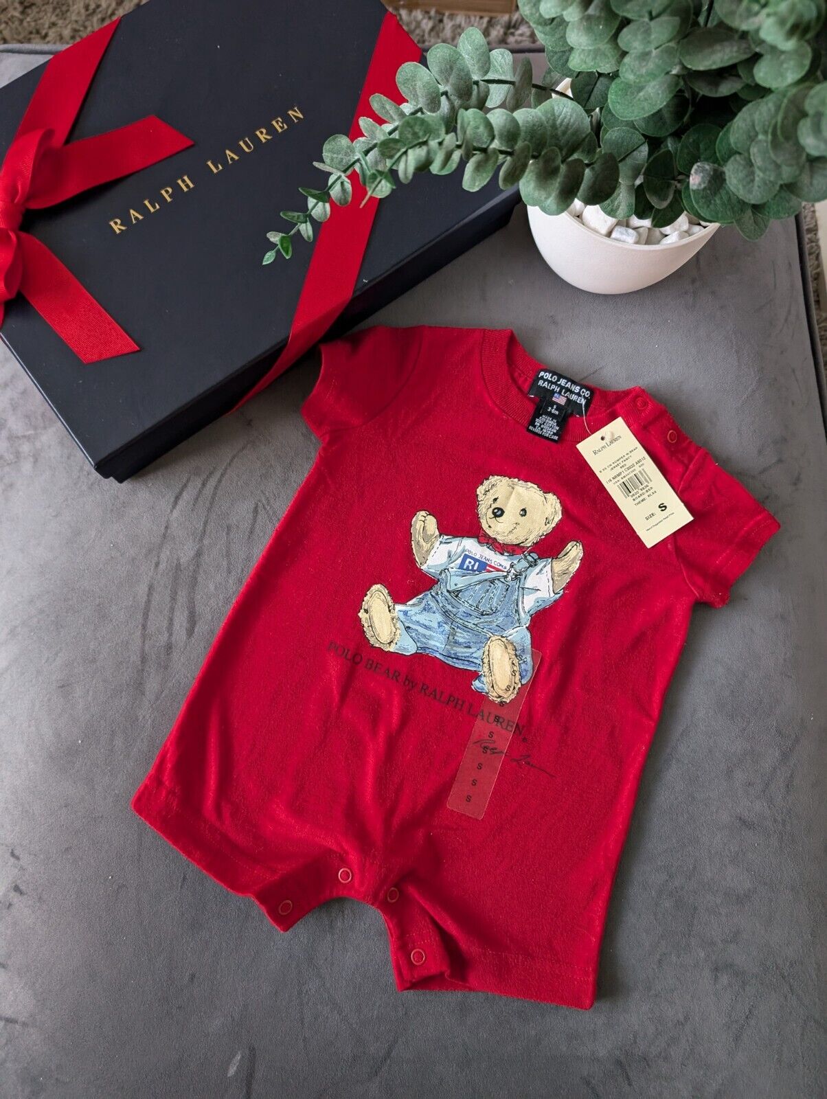 New Vintage Ralph Lauren Polo Jeans Bear Romper Baby Boy Red Cute Gift 3-6m