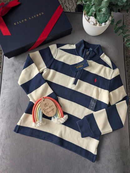 New Ralph Lauren boys Navy 1/4 zip knit jacket Navy Cream Stripe Smart Boys 6-7y