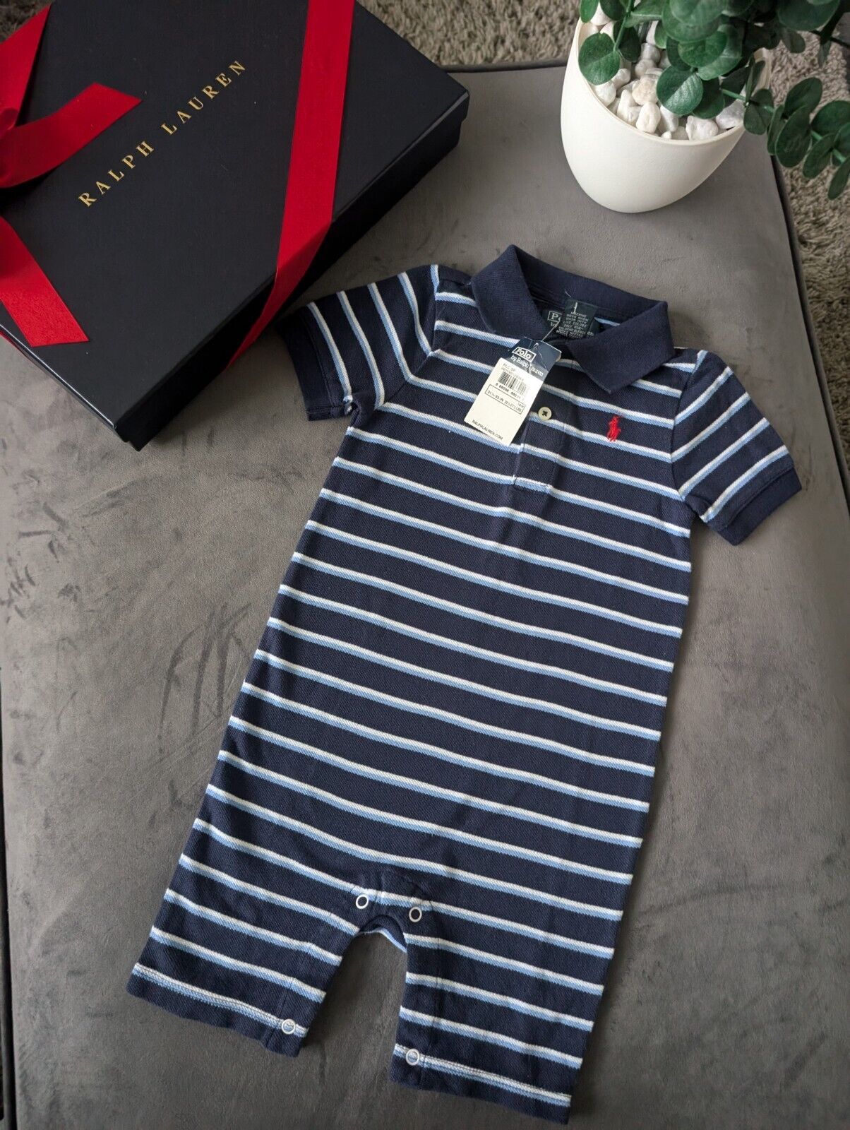 New Ralph Lauren Baby Boy Blue Navy Stripe Romper 12-18m Gift cute summer