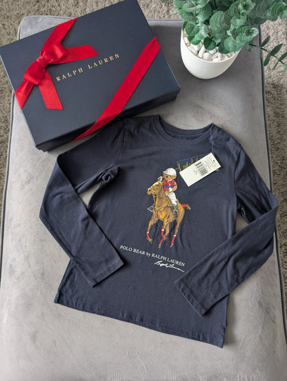 New Ralph Lauren Girls Horse Long Seeve T Shirt 6-7yr Smart Navy Cute Gift