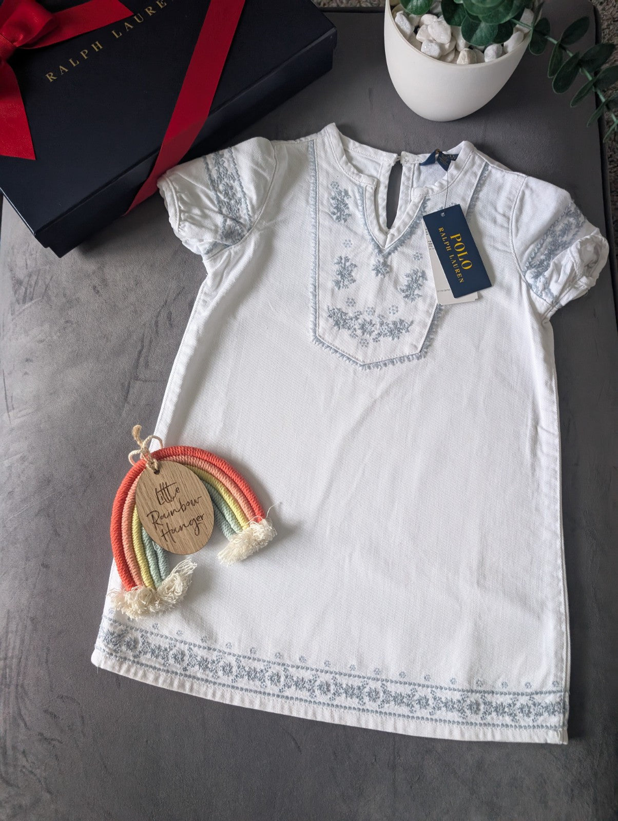 New Ralph Lauren Baby Girls Denim Kaftan Dress White Embroidery Occasion 3-4y