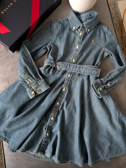 Vgc Ralph Lauren girls denim style shirt dress belted occasion 6 Yrs Winter occasion