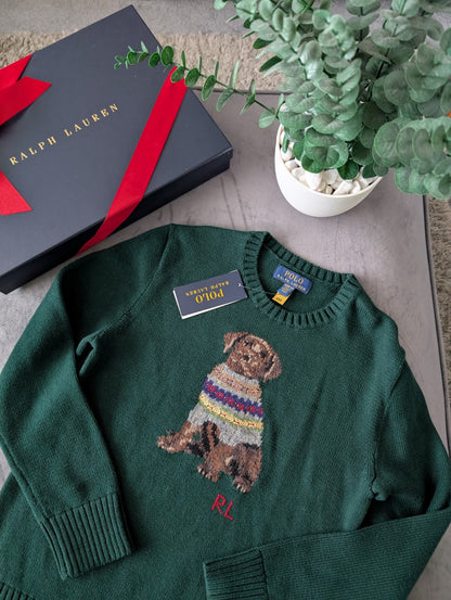 New 2024 Ralph Lauren Green Unisex Dog Knit Jumper Sweater Moss 10-12y £159 Gift