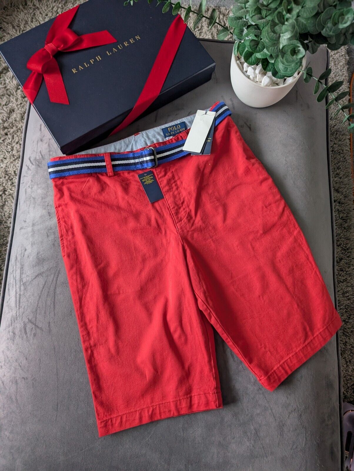 New Ralph Lauren Boys Red Chino Shorts + Belt Smart Gift Age 13 Casual Summer