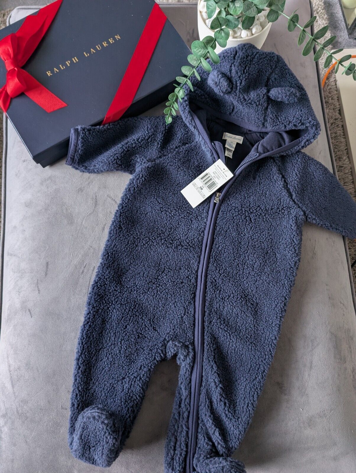 New Ralph Lauren baby boys faux shearling bear all in one snowsuit baby gift 3-6