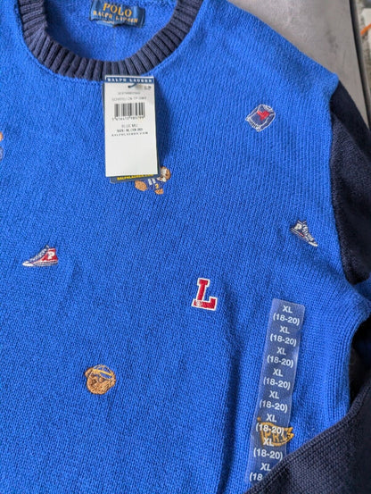 New Polo Ralph Lauren Jumper Boys 16y Blue Bear  Dog Cricket Embroidered Gift