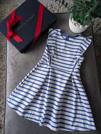 New Ralph Lauren Girls White Navy Stripe Polo Frill Stripe Ribbed Dress Gift 6yr