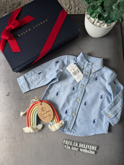 New Ralph Lauren Baby Boy Blue Embroidery Pony Shirt Smart Baby 6-9m Occasion