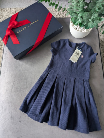 new polo Ralph Lauren French Navy Pleated  dress Girls Age 18m ribbed smart Cute