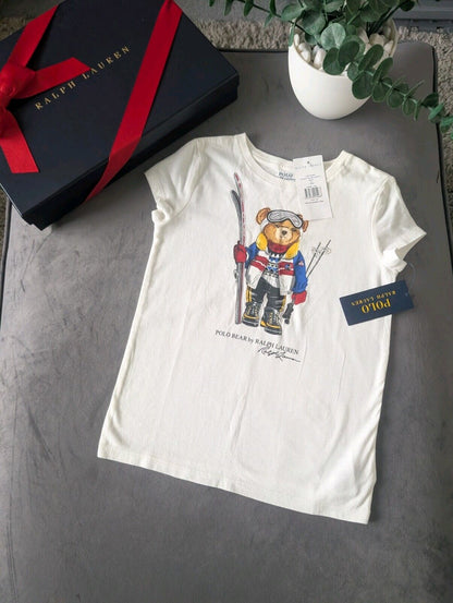 New Ralph Lauren Girls Bear Ski Short Seeve T Shirt 6-7yr Smart White Cute Gift